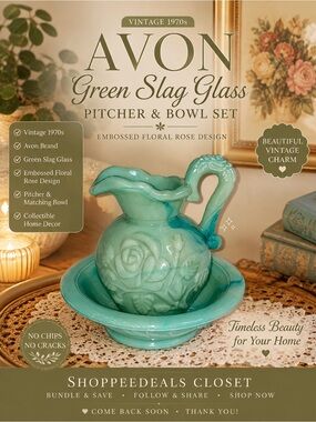 Vintage 1970s Avon Green Slag Glass Pitcher & Bowl Floral Rose 2-Piece Set